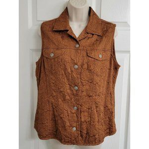 Chico's Size 1 Brown Poly Blend Textured Buttoned Front‎ Sleeveless Blouse